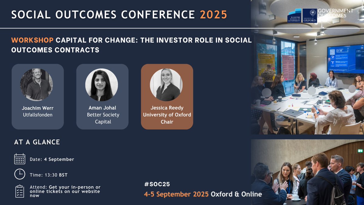 Government Outcomes Lab (@golaboxford) on Twitter photo 💰Capital for Change: The Investor Role in Social Outcomes Contracts at #SOC25
Featuring experts from <a href="/Utfallsfonden/">Utfallsfonden</a> , @bettersocietycapital <a href="/UniofOxford/">University of Oxford</a>
<a href="/JoachimWerr/">Joachim Werr</a> <a href="/AmanJohal/">aJohal</a>
🎫 Book your tickets NOW: lnkd.in/dAqUXTcf
➡️Programme: lnkd.in/eDhetPNh 💰Capital for Change: The Investor Role in Social Outcomes Contracts at #SOC25
Featuring experts from <a href="/Utfallsfonden/">Utfallsfonden</a> , @bettersocietycapital <a href="/UniofOxford/">University of Oxford</a>
<a href="/JoachimWerr/">Joachim Werr</a> <a href="/AmanJohal/">aJohal</a>
🎫 Book your tickets NOW: lnkd.in/dAqUXTcf
➡️Programme: lnkd.in/eDhetPNh