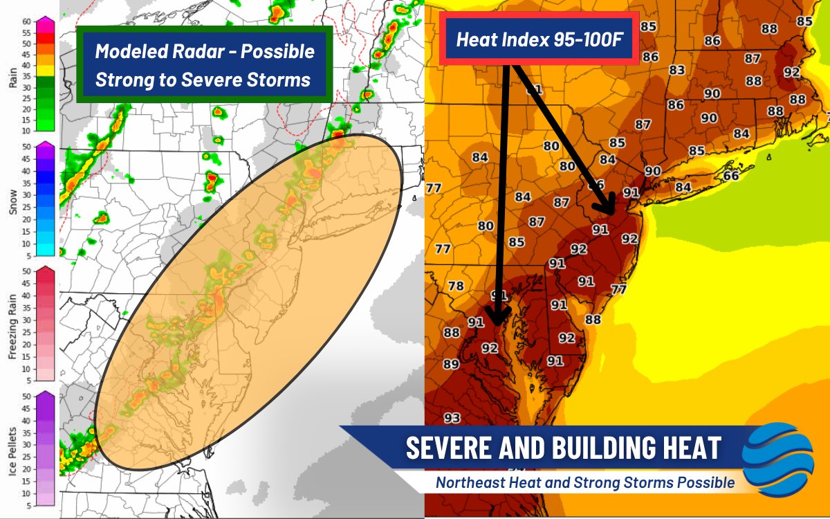 Strong to severe storms are on tap for parts of the northeast later today, as a potent system moves east. Along with the risk for damaging wind gusts and some flooding, it turns quite hot and humid. Many along the I-95 break 90 degrees, with heat indices pushing 100 for some.