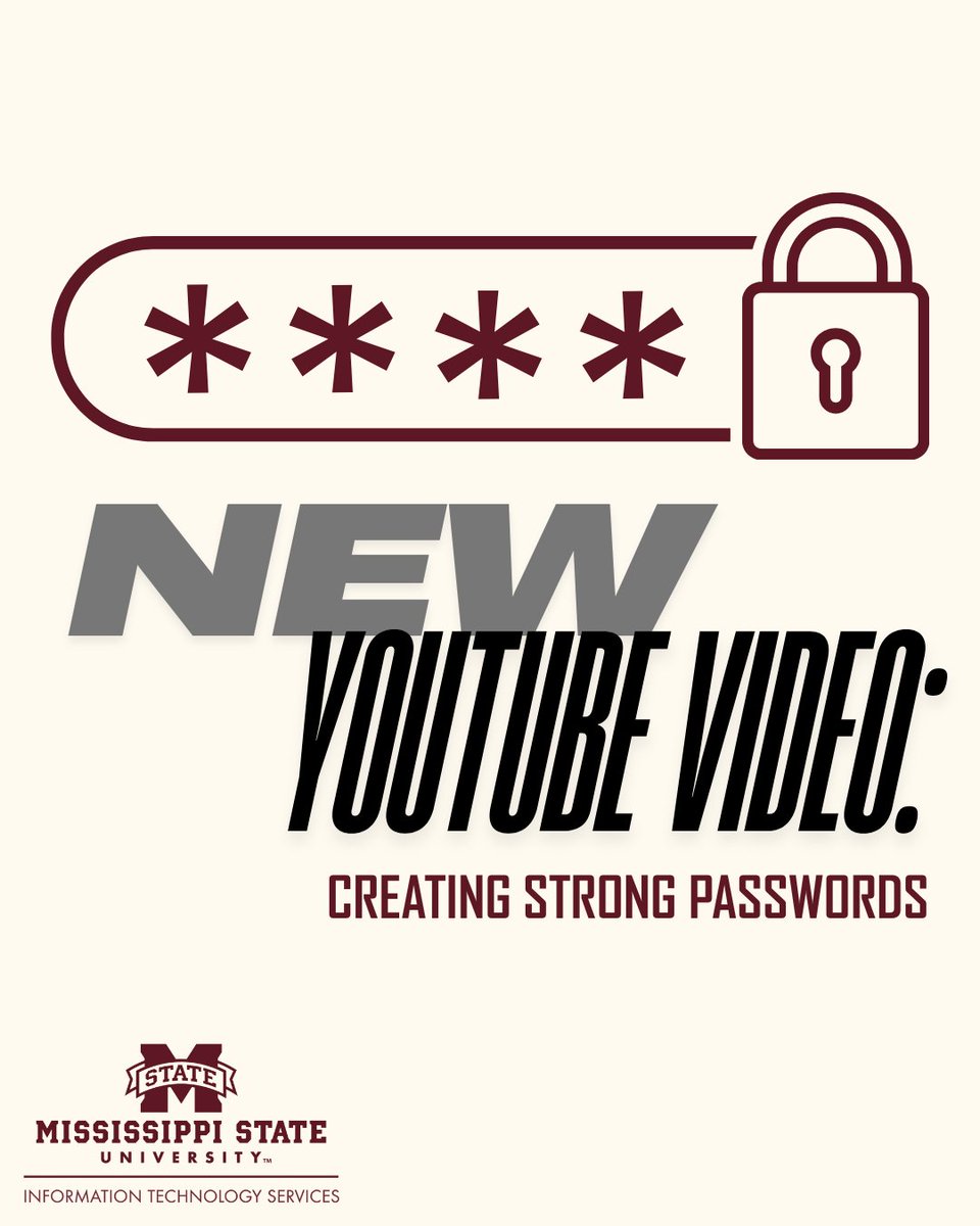 Watch this quick video to learn how to create a password that keeps your info safe and hackers out:
 youtu.be/ADlUtRo4nB8
• 16+ characters
• Mix of letters, numbers, &amp; symbols
• No personal info or reused passwords
#MSStateITS #NetPassword #CyberSafeBulldogs #HailState