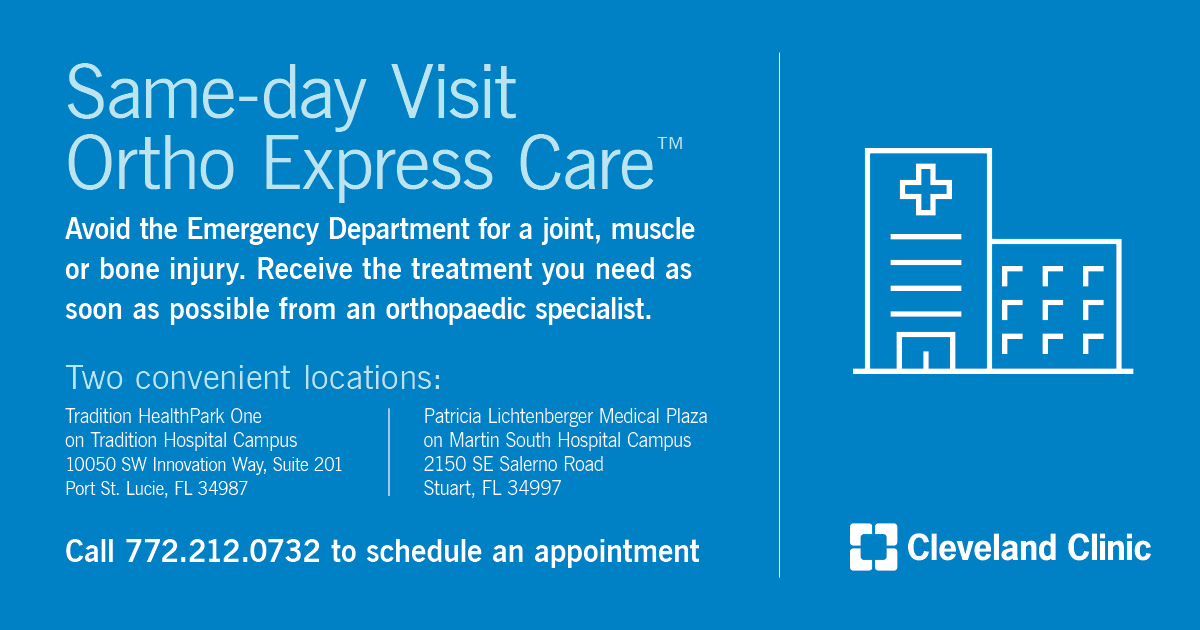⏱️ Need expert orthopaedic care fast? 

Cleveland Clinic Ortho Express Care™ in #Stuart and #PortStLucie provides patients with quick access to #orthopaedic specialists when immediate care is needed.

Patients can receive same-day care for sudden joint, bone or muscle injuries,