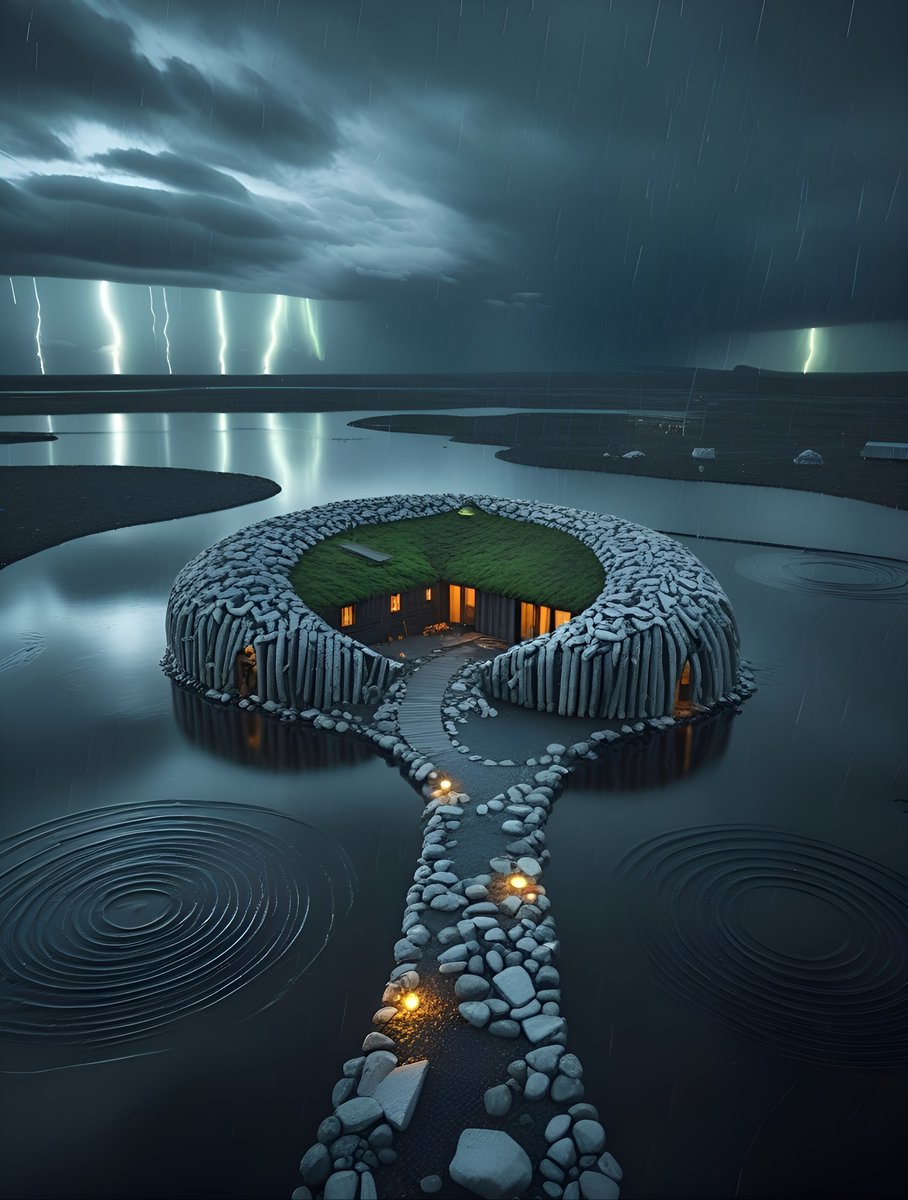 An aerial yet intimate view of a mysterious house made entirely of silvered driftwood and volcanic stone.