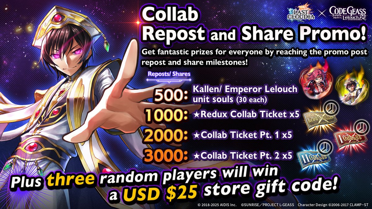 lastcloudiaen's tweet image. Collab Repost and Share Promo! 

Follow and repost or share this post. Hit the milestones and score rewards for everyone! You could be one of three lucky players to win a USD $25 store gift code!😁✨

Period: until June 23, 7:59 am (PT)

#LastCloudia x #geassp