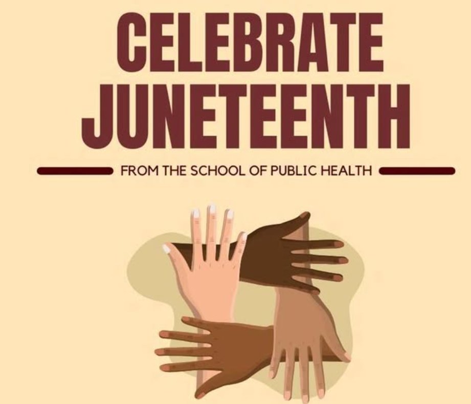 TAMU_SPH's tweet image. Happy #Juneteenth from the School of Public Health! Texas A&M offices will be closed Thursday, June 19, and will reopen on June 20.
#12thForHealth #CelebrateJuneteenth