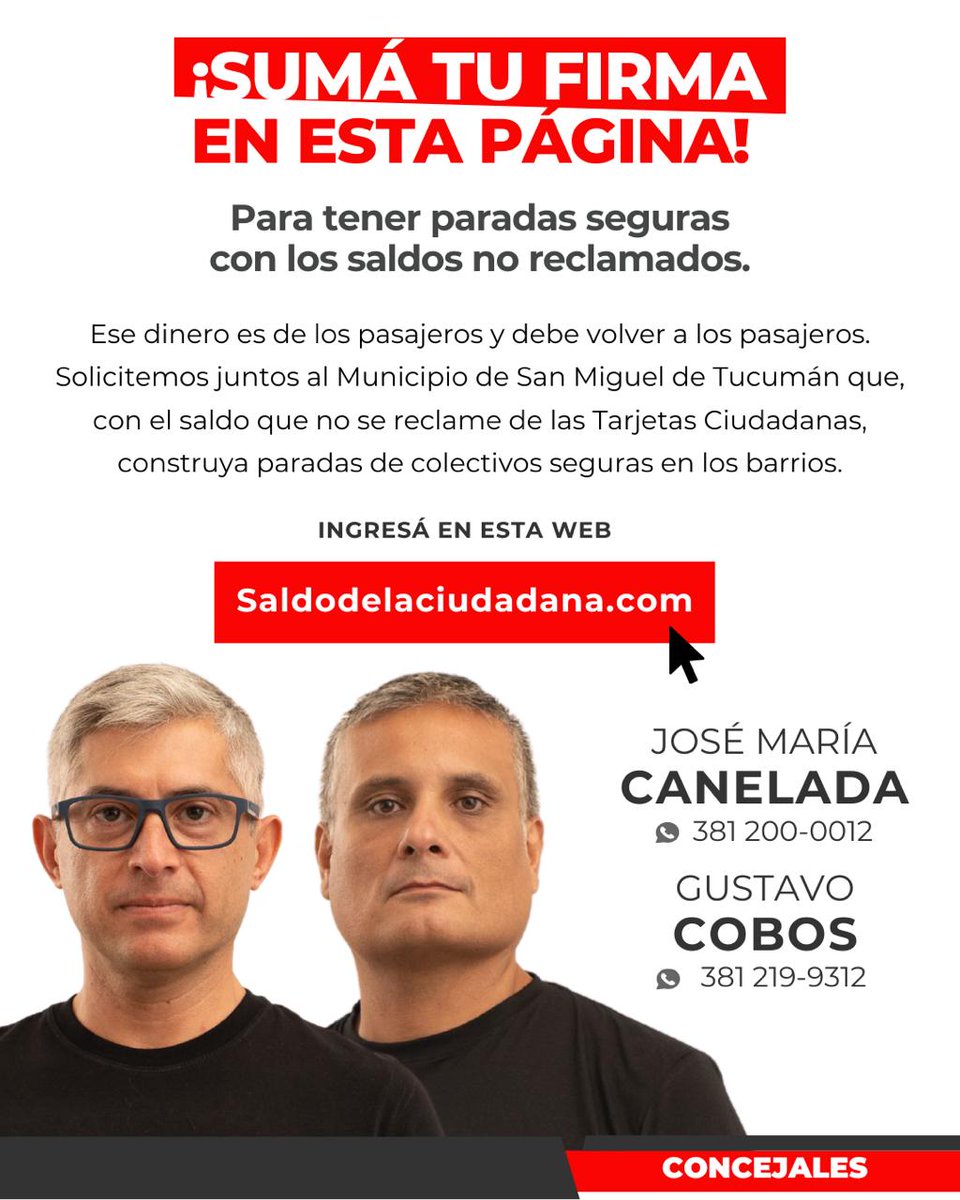 El saldo de las Tarjetas Ciudadanas es de los usuarios y de nadie más. 

Por eso solicitamos que, si hay dinero que no se reclama, se utilice para construir paradas seguras en los barrios. Que vuelva a los pasajeros.

Súmate con tu firma aquí ➡️ saldodelaciudadana.com