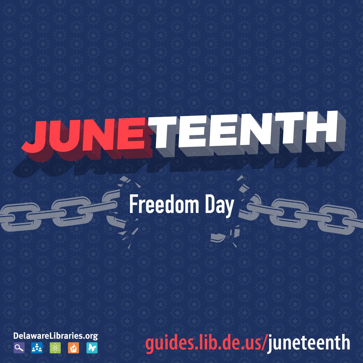 Juneteenth (also known as Freedom Day, Jubilee Day, Liberation Day, &amp; Emancipation Day)! This day commemorates the end of slavery in the United States. Learn more about this momentous event in American History: guides.lib.de.us/juneteenth #juneteenth #freedomday #delibraries