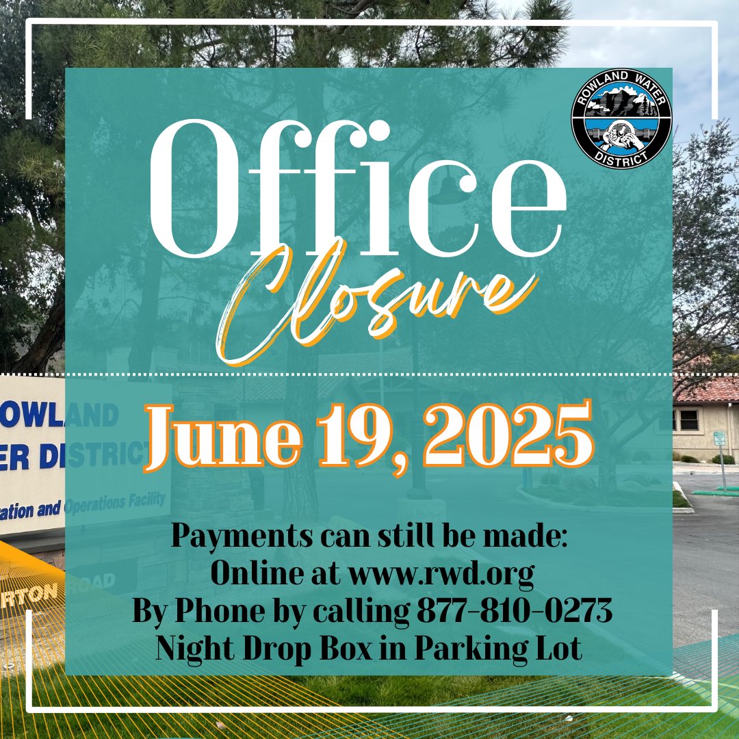 The District office is closed today but will resume normal operations tomorrow.

Payments can be made using one of the following options:

💻Online at rwd.org 
☎️By Phone by calling 877-810-0273 
📭Night Drop Box located in the parking lot 

#DiscoverRWD
