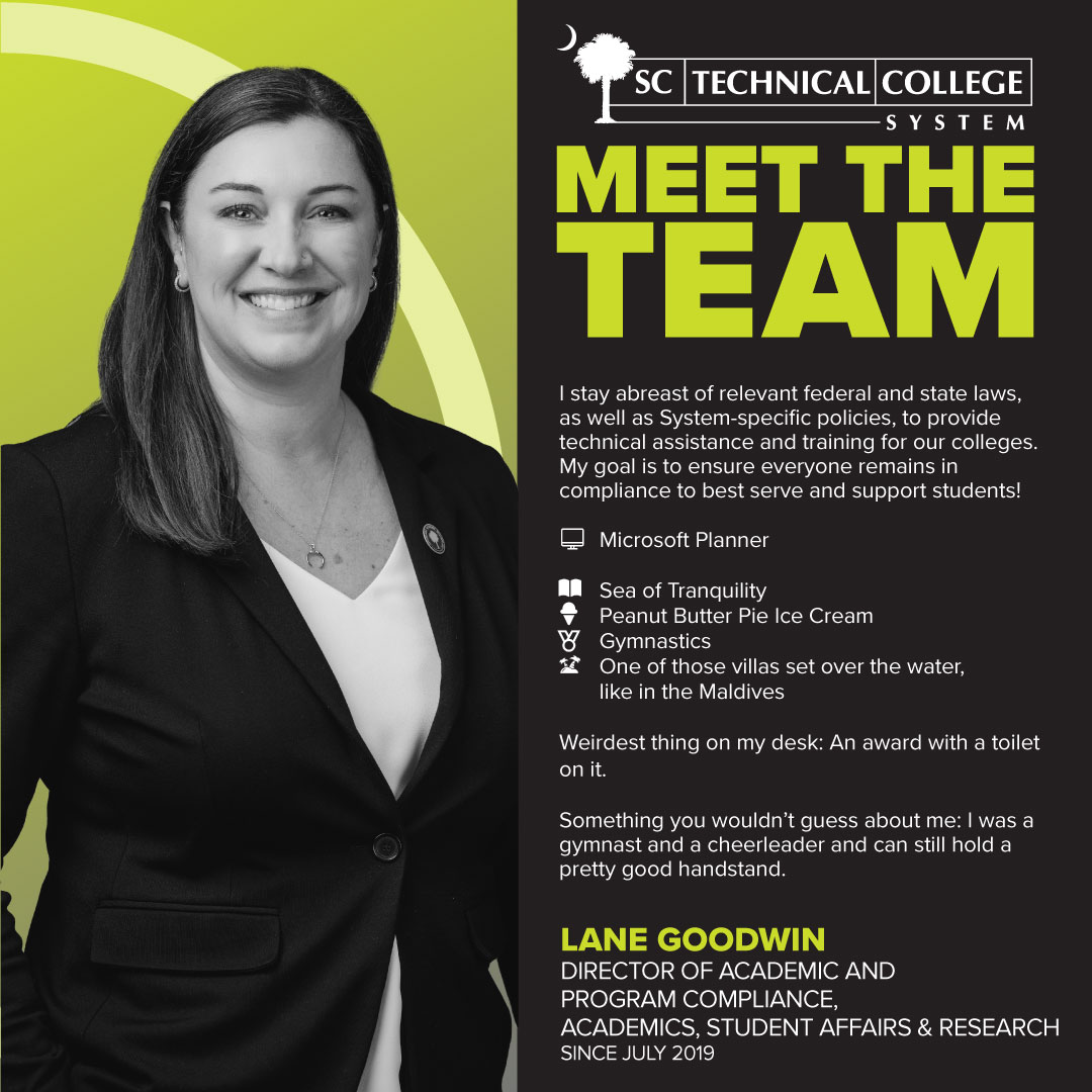It’s our people who set us apart. Meet the talented team ensuring affordable, accessible, and relevant career and technical education for all South Carolinians!

Presenting Director of Academic and Program Compliance, Lane Goodwin.

#MeetTheTeam #AffordableAccessibleRelevant