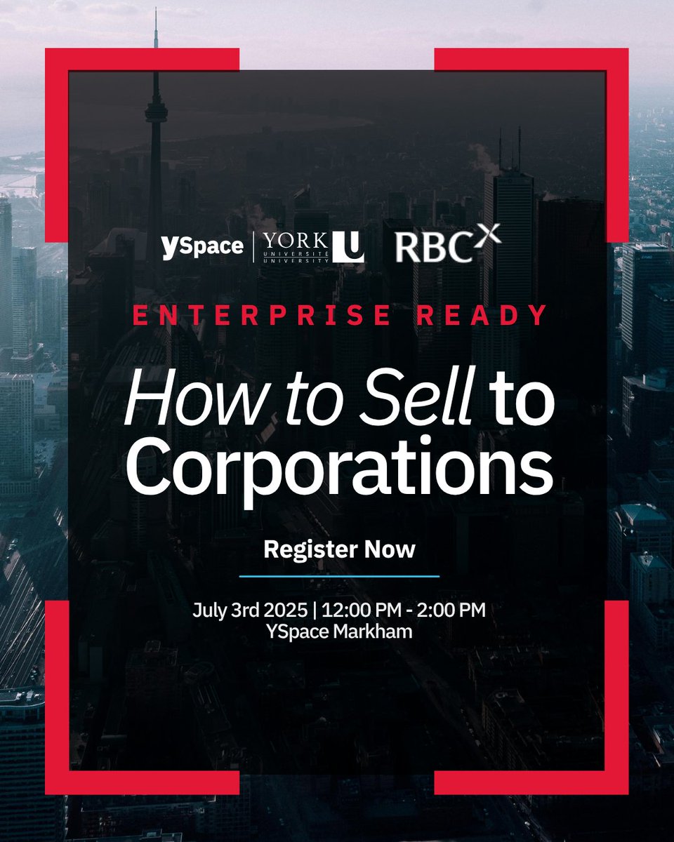 YSpace (@yspaceyu) on Twitter photo We’re teaming up with @RBCx again for Enterprise Ready: How to Sell to Corporations — a practical panel on breaking into and scaling within large orgs.
📅 July 3 | 12–2 PM 
 📍 YSpace Markham 
 🎟 RSVP lu.ma/oqko4pce?utmso…
#StartupGrowth #YRTech #RBCx #YSpace #TechFounders We’re teaming up with @RBCx again for Enterprise Ready: How to Sell to Corporations — a practical panel on breaking into and scaling within large orgs.
📅 July 3 | 12–2 PM 
 📍 YSpace Markham 
 🎟 RSVP lu.ma/oqko4pce?utmso…
#StartupGrowth #YRTech #RBCx #YSpace #TechFounders
