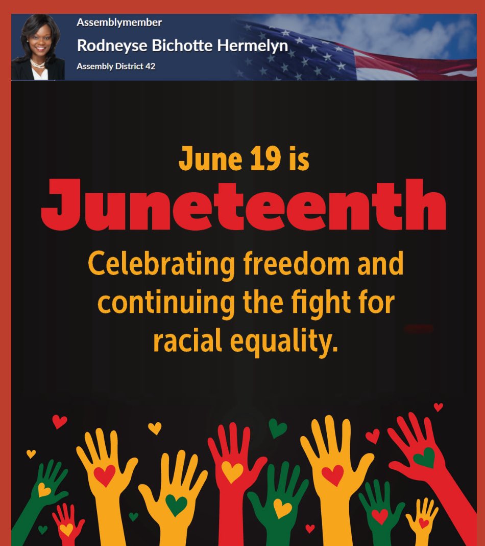 NYSBichotteHerm's tweet image. Happy Juneteenth, everyone! May our collective freedom be unshakable, unapologetic, and unstoppable..
Today, Juneteenth is more than a historical remembrance — it is a living legacy. It invites all Americans to reflect on our nation’s past, recognize the contributions of Black…