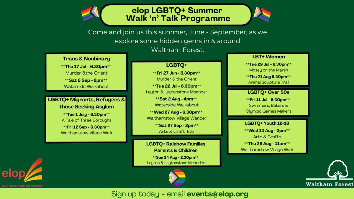 ๐ณ๏ธโ๐elop LGBT mental health and wellbeing (@elop_lgbt) on Twitter photo Join us this summer (June to September) for relaxing wanders around Waltham Forest ๐ฟJoin our LGBTQ+ community walks to explore hidden gems and make new connections๐ถโโ๏ธ
๐ฉ Sign up: events@elop.org
#WalthamForest <a href="/wfcouncil/">Waltham Forest Council</a> <a href="/LGBTConsortium/">Consortium</a> <a href="/HubCentralLibs/">Hub Central</a> Join us this summer (June to September) for relaxing wanders around Waltham Forest ๐ฟJoin our LGBTQ+ community walks to explore hidden gems and make new connections๐ถโโ๏ธ
๐ฉ Sign up: events@elop.org
#WalthamForest <a href="/wfcouncil/">Waltham Forest Council</a> <a href="/LGBTConsortium/">Consortium</a> <a href="/HubCentralLibs/">Hub Central</a>