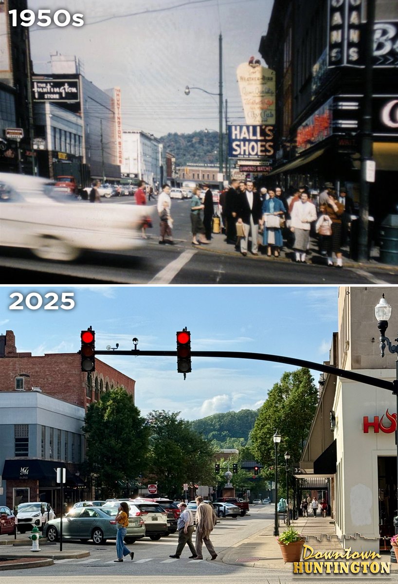Looking north on the 300 block of 9th Street "Then &amp; Now." The top photo was taken in the 1950s. The bottom photo was taken yesterday. #HuntingtonWV