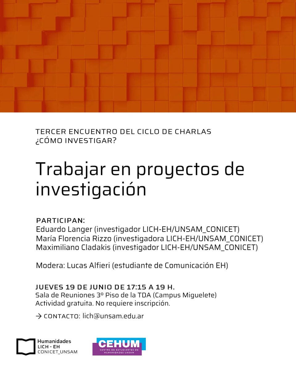 📣 HOY 👉 Te esperamos en el tercer encuentro del ciclo de charlas: “¿Cómo investigar?” 

🗓️ De 17:15 a 19 h. en la TDA (Campus Miguelete).

👉 El objetivo del ciclo es servir como introducción al mundo de la investigación académica para los estudiantes de la EH.