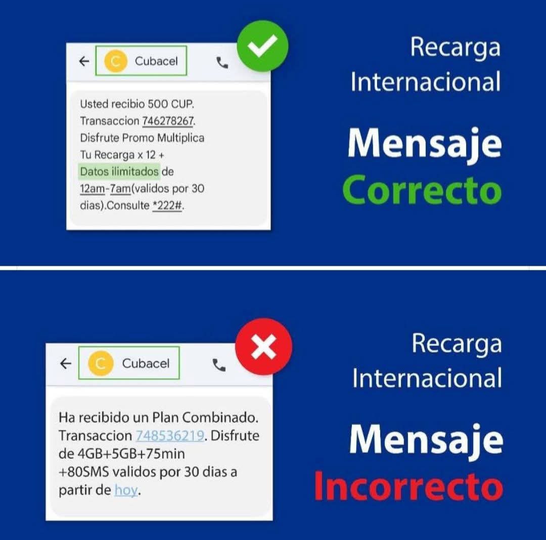 Los sitios fraudulentos ofrecen opciones atractivas de recarga internacional, pero en no pocas ocasiones los que la reciben en #Cuba no gozan de todos sus beneficios (Ejemplo: internet ilimitado de 12-7 am).
#UnidosXCuba 🇨🇺 #EtecsaConCuba
