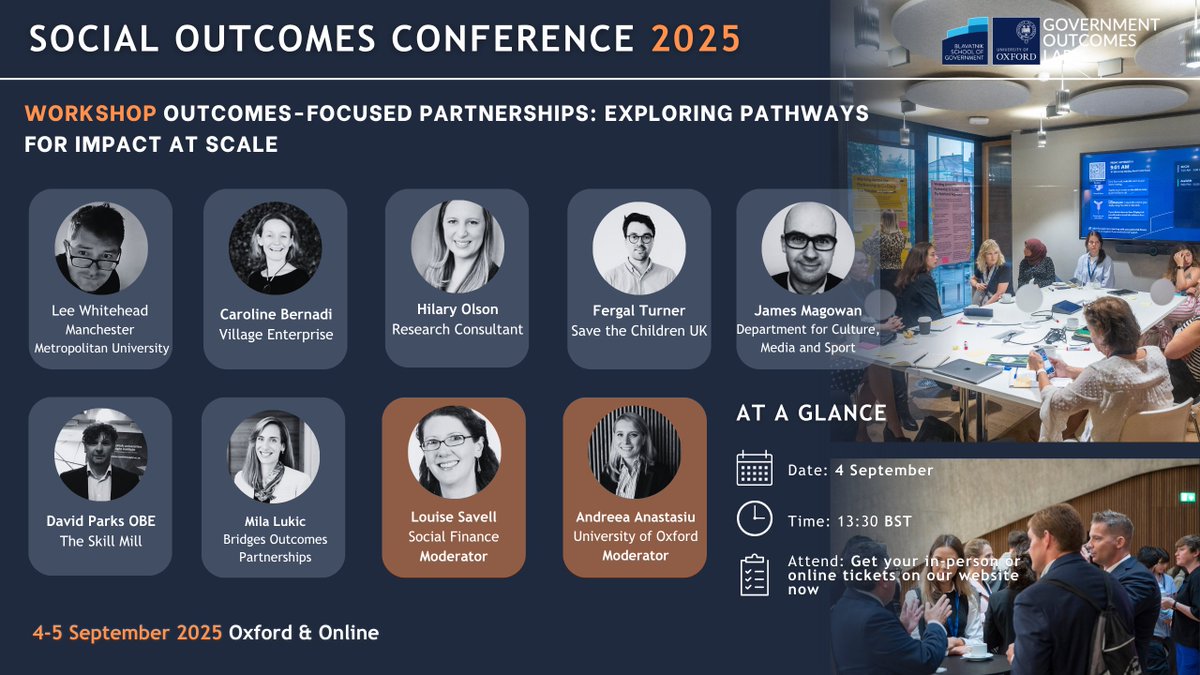 Government Outcomes Lab (@golaboxford) on Twitter photo 🤝Outcomes-Focused Partnerships: Exploring Pathways for Impact at Scale at #SOC25
Featuring experts from @TheMMU <a href="/village_ent/">Village Enterprise</a> <a href="/savechildrenuk/">Save the Children UK</a> <a href="/DCMS/">Department for Culture, Media and Sport</a> <a href="/The_Skill_Mill/">The Skill Mill</a> <a href="/socialfinanceuk/">Social Finance UK</a> <a href="/BridgesOutcomes/">Bridges Outcomes Partnerships</a>
🎫 Tickets: lnkd.in/dAqUXTcf
➡️Programme: lnkd.in/eDhetPNh 🤝Outcomes-Focused Partnerships: Exploring Pathways for Impact at Scale at #SOC25
Featuring experts from @TheMMU <a href="/village_ent/">Village Enterprise</a> <a href="/savechildrenuk/">Save the Children UK</a> <a href="/DCMS/">Department for Culture, Media and Sport</a> <a href="/The_Skill_Mill/">The Skill Mill</a> <a href="/socialfinanceuk/">Social Finance UK</a> <a href="/BridgesOutcomes/">Bridges Outcomes Partnerships</a>
🎫 Tickets: lnkd.in/dAqUXTcf
➡️Programme: lnkd.in/eDhetPNh