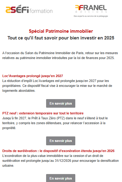 🌟Spécial Patrimoine Immobilier 2025 : anticipez les évolutions fiscales et réglementaires à venir !  

Découvrez les principales évolutions introduites par la loi de finances 2025 👉 7v9wj.r.bh.d.sendibt3.com/mk/mr/sh/OycXx…
