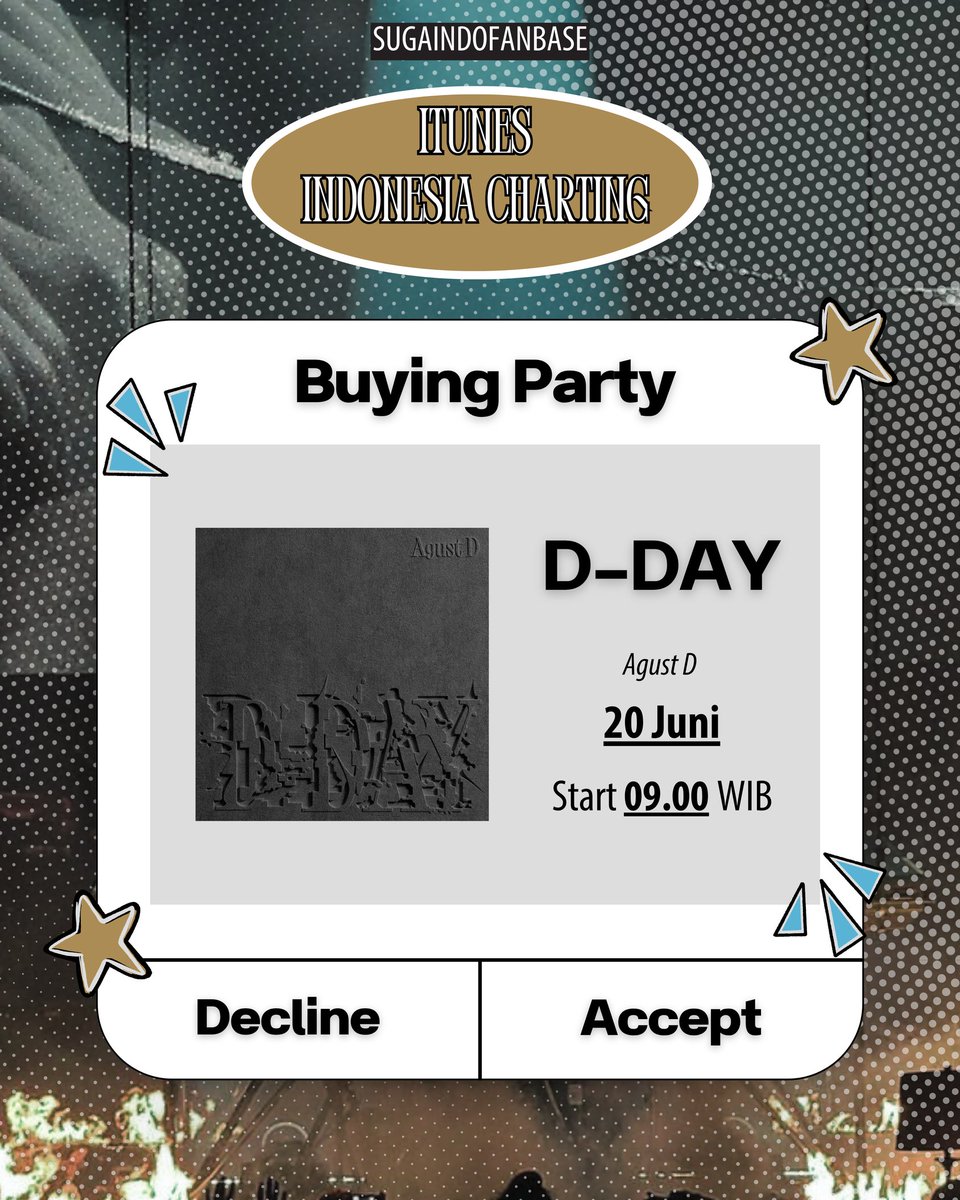 📢 CALLING ALL INDOMYS!

SUGA IS COMING BACK! 🥳
Let’s celebrate by charting to #1 on iTunes Indonesia! 🇮🇩🔥

Buying Party Schedule
🗓 20 June – D-Day (Song)
⏰ 09.00 WIB

Set your alarms and let’s make it happen!💜
#WelcomebackSUGA
#SUGA #AgustD #슈가