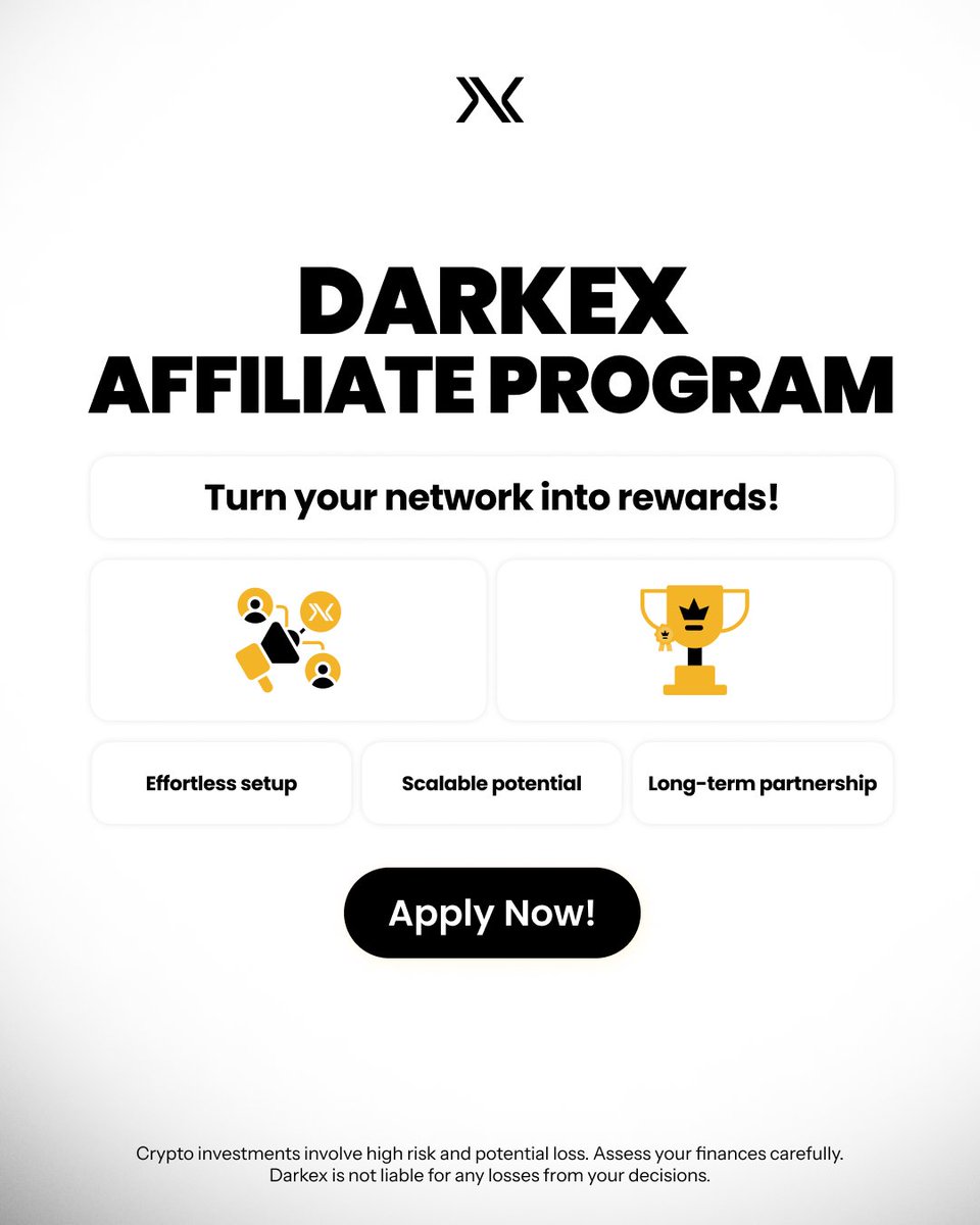 Darkex's tweet photo. Build once. Earn always.
Darkex Affiliate Program is live! Effortless setup, scalable rewards, long-term potential.
Turn your network into income.
For Apply ๐๐ป
affiliates@darkex.com
#Darkex #AffiliateProgram #CryptoGrowth #Web3Partners https://t.co/z7jRK9IIxX
