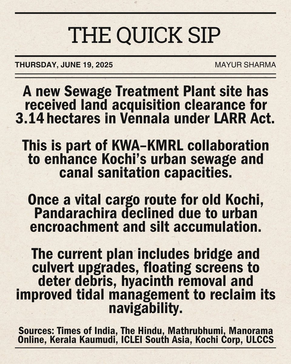 Mayur Sharma (@mayur259) on Twitter photo #WaterNews: Kochi Launches ₹100-Crore Pandarachira Canal Revival Project Covering 2.3 km Stretch with DPR Worth ₹50 Lakh
@crpaatil <a href="/DoWRRDGR_MoJS/">Ministry of Jal Shakti, DoWR, RD&GR, GoI</a> @cmokerala <a href="/pinarayivijayan/">Pinarayi Vijayan</a> <a href="/WaterKerala/">Kerala Water Authority</a> @kochicorp @orraanews @ulccsLtd <a href="/ICLEISouthAsia/">ICLEI South Asia</a> <a href="/Bechtel/">Bechtel Corporation</a> <a href="/SwissRe/">Swiss Re</a> @metrorailkochi #WaterNews: Kochi Launches ₹100-Crore Pandarachira Canal Revival Project Covering 2.3 km Stretch with DPR Worth ₹50 Lakh
@crpaatil <a href="/DoWRRDGR_MoJS/">Ministry of Jal Shakti, DoWR, RD&GR, GoI</a> @cmokerala <a href="/pinarayivijayan/">Pinarayi Vijayan</a> <a href="/WaterKerala/">Kerala Water Authority</a> @kochicorp @orraanews @ulccsLtd <a href="/ICLEISouthAsia/">ICLEI South Asia</a> <a href="/Bechtel/">Bechtel Corporation</a> <a href="/SwissRe/">Swiss Re</a> @metrorailkochi