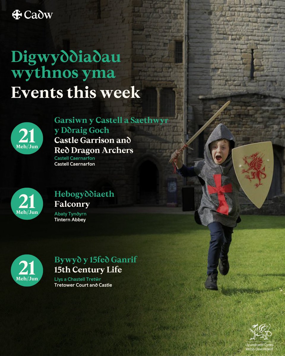 Make the most of the sunshine with Cadw this weekend! ☀️

Meet the Castle Garrison at Caernarfon, join the 15th-century living history group at Tretower, or enjoy falconry at Tintern Abbey.

👉 For more details and to book an event, visit: cadw.gov.wales/visit/whats-on…