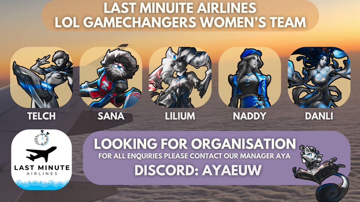 With the recent LoL GameChangers announcement we would like to mention that we are looking for an org.

Any enquiries please get in touch with our manager Aya.

Likes and Retweets appreciated! 🫶