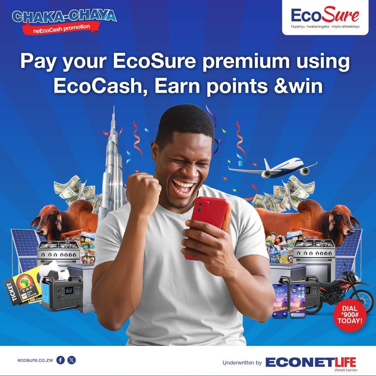 Chakachaya Ziyawa kuEcoCash is back with more wins! Simply pay your EcoSure premiums with EcoCash and earn points every time you transact. The more you pay, the higher your chances to win big!