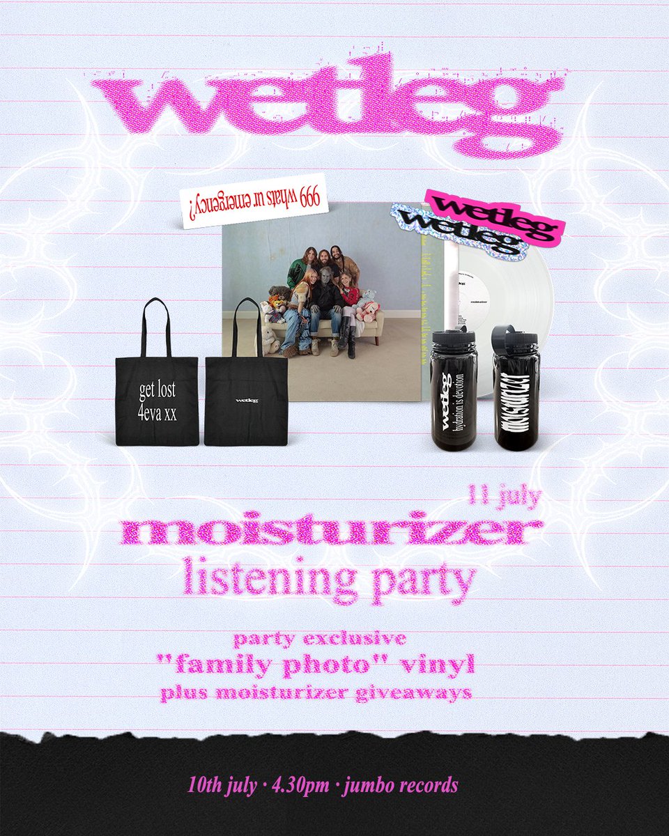 JumboRecords's tweet image. we are delighted to host an early listening party for the brand new wet leg album ‘moisturizer’, on 10th July at 4.30pm. There will be stickers, totebags and we will have a very special limited edition alternative cover LP version available. info: jumborecords.co.uk/news-single.as…