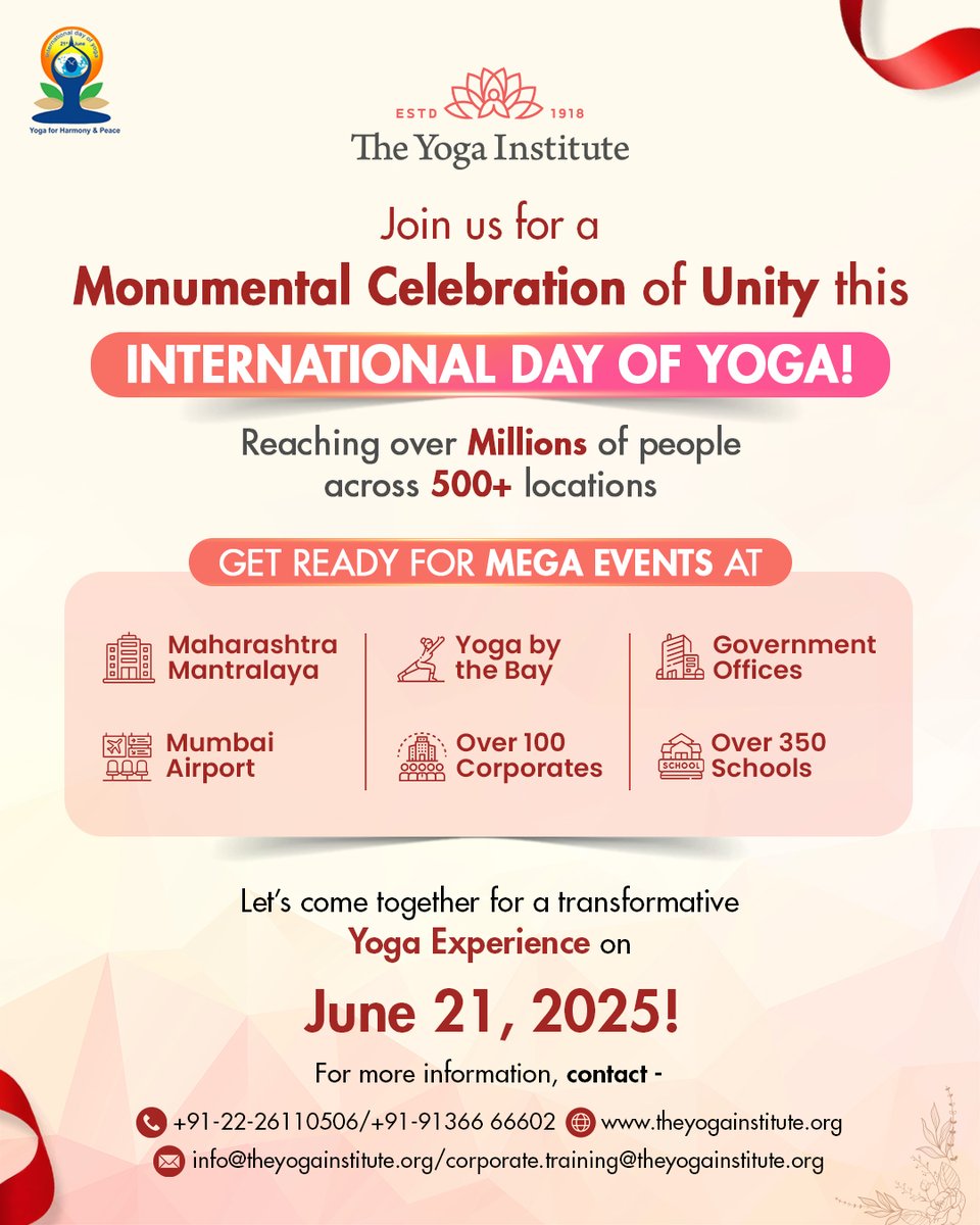 One Day. One Nation. One Spirit of Yoga.

Join the world’s largest celebration of unity and well-being with The Yoga Institute – World’s Oldest Organized Yoga Center this International Day of Yoga! 💫
