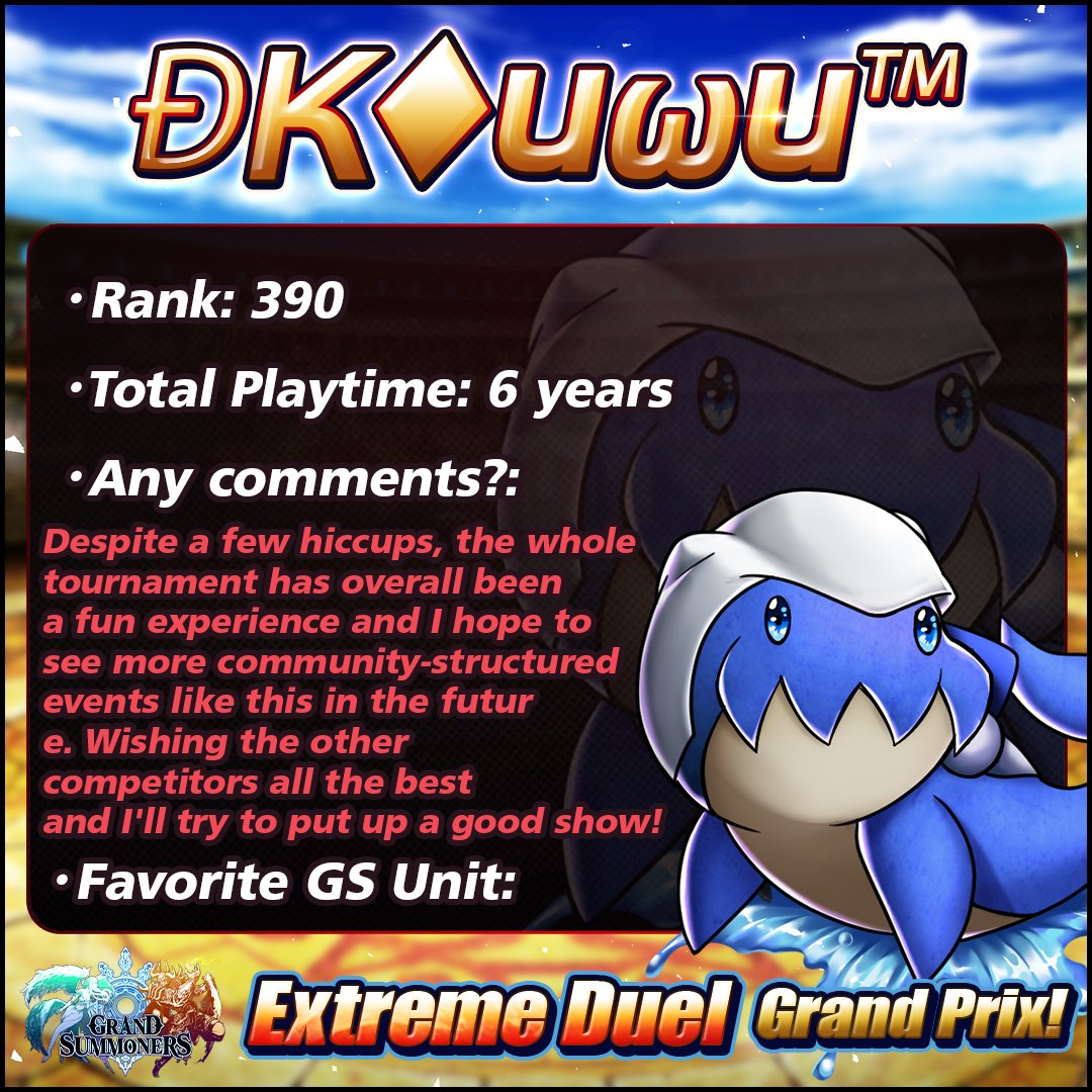 GRDSMN_GLOBAL's tweet photo. Introducing the first set of finalists for the Grand Summoners x One Punch Man Extreme Duel Grand Prix to be streamed on 6/20, 18:00 PDT!

These top players will contend for glory, up to a $1,000 gift card, and even an exclusive Champion Crest! https://t.co/aOir29O89d