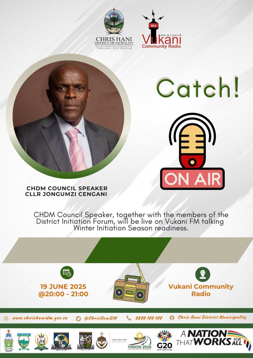 ChrisHaniDM's tweet photo. The Council Speaker will be live on Vukani FM tonight speaking Winter Initiation Season.
#MabayeBephilaBabuyeBephila
#SafeInitiation
#InitiationSeason
#CHDMAtWork https://t.co/514fd2gdD3