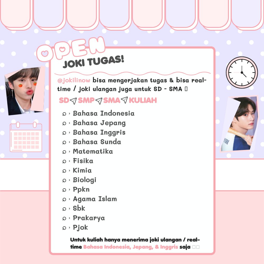 joki tugas PAPER, ESSAI ETIKA BISNIS, FILSAFAT ๐งพ (@linowjoki) on Twitter photo Joki Tugas ๐จ
๐ Ujian Mandiri
๐ Poster Infografis
๐ Studi Kasus
๐ Bahasa Sunda, Inggris
๐ Review Jurnal, Artikel
๐ PPT, CV, Motivation Letter
๐ Analisis Film
๐ Puisi, Pantun, Cerpen
๐ Essay / Essai
๐ Makalah
๐ Edit Video
๐ Karya Tulis Ilmiah
๐ #zonauang #ZonaBA Joki Tugas ๐จ
๐ Ujian Mandiri
๐ Poster Infografis
๐ Studi Kasus
๐ Bahasa Sunda, Inggris
๐ Review Jurnal, Artikel
๐ PPT, CV, Motivation Letter
๐ Analisis Film
๐ Puisi, Pantun, Cerpen
๐ Essay / Essai
๐ Makalah
๐ Edit Video
๐ Karya Tulis Ilmiah
๐ #zonauang #ZonaBA