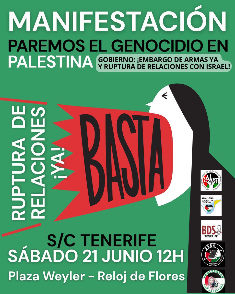 *Contra el Genocidio de Israel  en Gaza. MANIFESTACIÓN 21 de JUNIO a las 12:00 horas
📍PLAZA WEYLER, SANTA CRUZ DE TENERIFE.

*MANIFESTACIÓN próximo día 20 de JUNIO MADRID.
#PalestinaLibre
#GenocidioIsrael