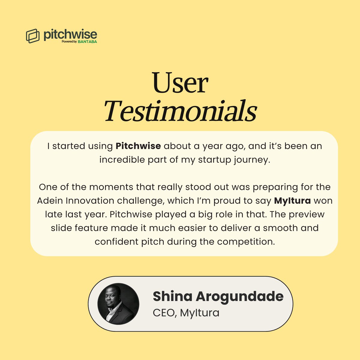 “Pitchwise helped us pitch with confidence — and win.”

From winning pitch competitions to closing investor conversations, founders like Shina Arogundade (<a href="/sinafatai/">arogundade shina</a>) of <a href="/MyItura/">MyItura</a> are using Pitchwise to sharpen their storytelling and track what happens after they hit send.

🚀