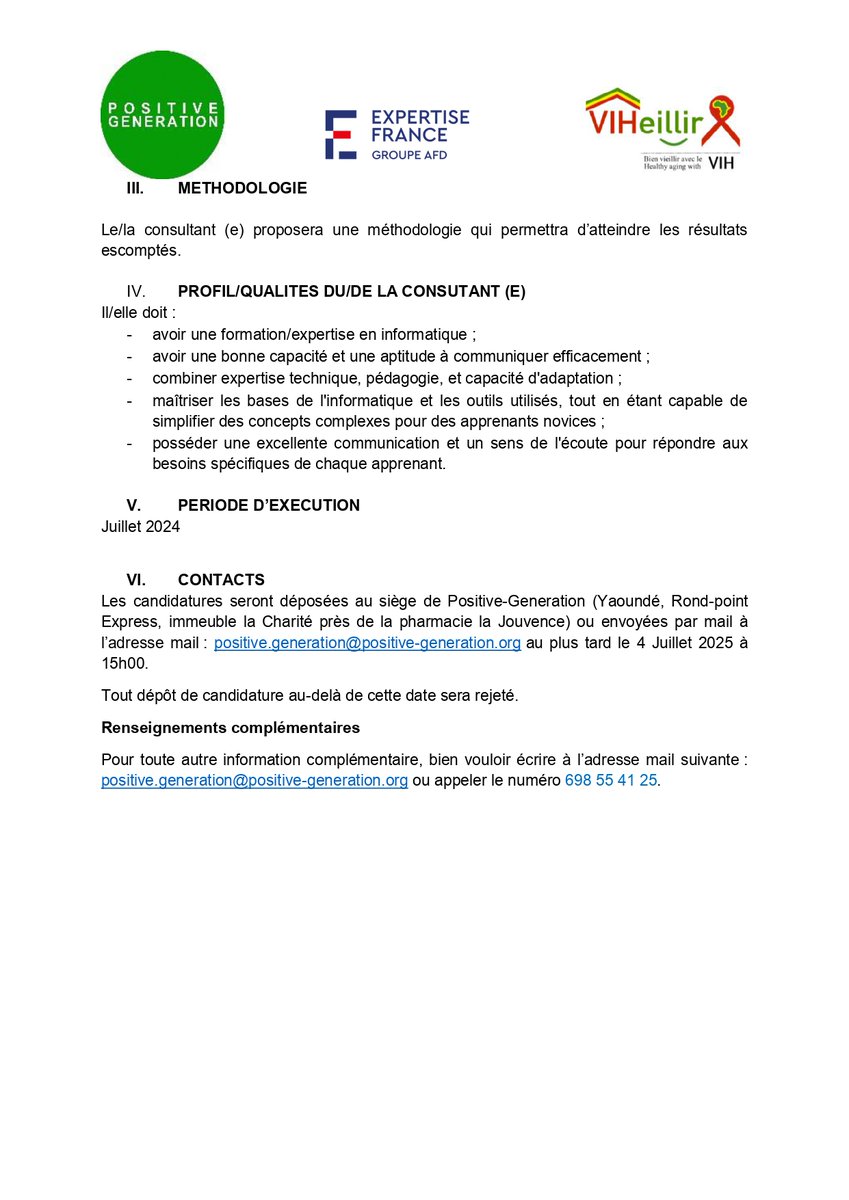 VIHeillir (@viheillir) on Twitter photo 📢 <a href="/PG_Cameroon/">Positive-Generation</a> recrute un(e) consultant(e) en informatique pour former les acteurs communautaires dans le cadre du projet <a href="/VIHeillir/">VIHeillir</a>.
📅 mise en oeuvre : Juillet 2024
📍 Yaoundé
📩 Candidatures jusqu’au 4 juillet à 15h : positive.generation@positive-generation.org
☎️ 698554125 📢 <a href="/PG_Cameroon/">Positive-Generation</a> recrute un(e) consultant(e) en informatique pour former les acteurs communautaires dans le cadre du projet <a href="/VIHeillir/">VIHeillir</a>.
📅 mise en oeuvre : Juillet 2024
📍 Yaoundé
📩 Candidatures jusqu’au 4 juillet à 15h : positive.generation@positive-generation.org
☎️ 698554125