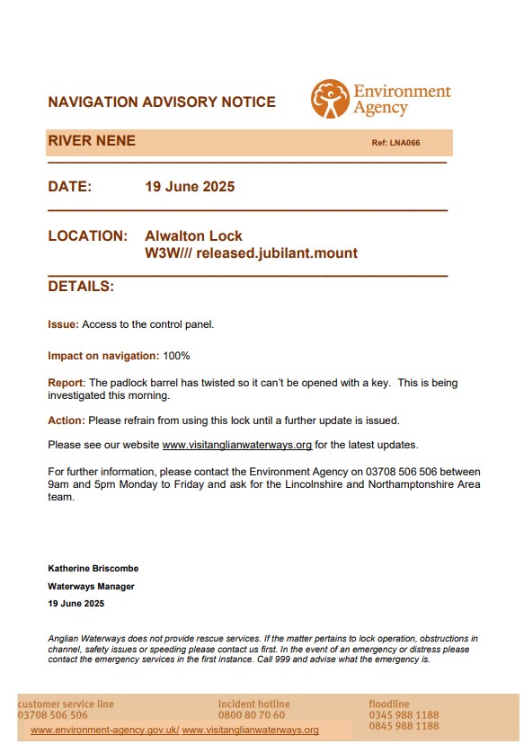 Please see our Navigation Advisory Notice for the River Nene.