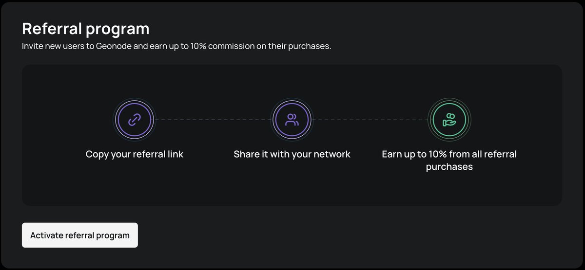The Geonode Affiliate/Referral Program is back.
We’ve re-launched with improved rewards and a seamless experience.
Sign in to your Geonode account to start earning.