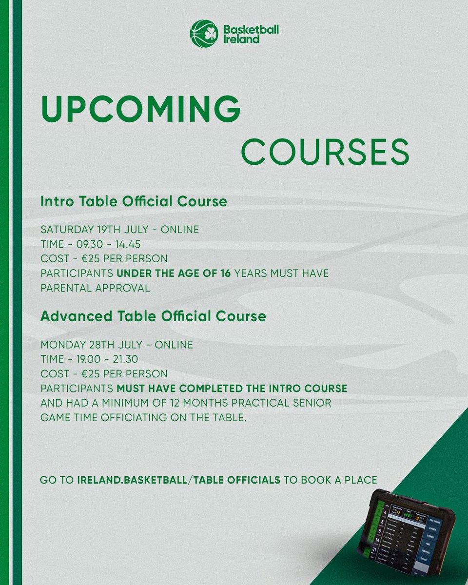 Get involved or 🆙skill this summer by attending one of our Basketball Ireland Development Courses 💻

◾️Each course below includes a module on basketball statistics via NBN23. 

Go to ireland.basketball/tableofficials to book your place today! ✋
