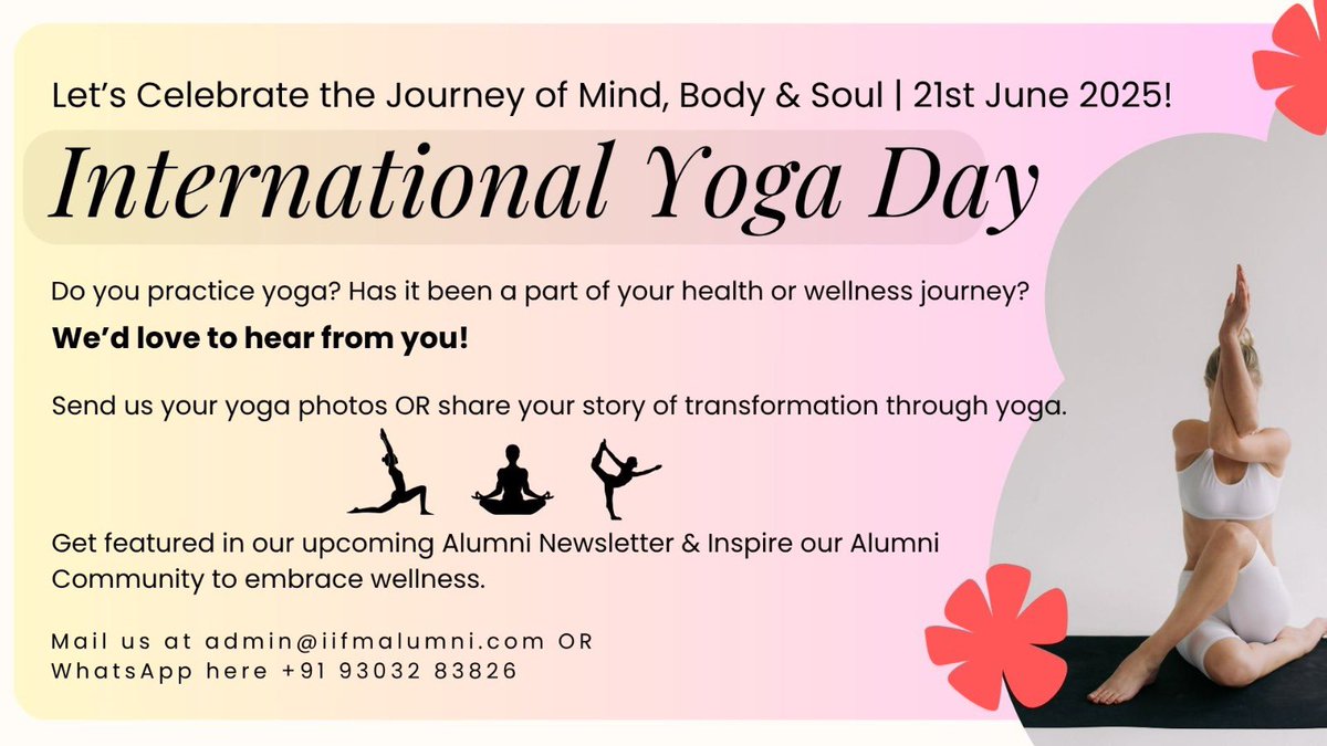 IIFMight (@iifmight) on Twitter photo 🧘♂️ Let’s celebrate #InternationalYogaDay on 21st June 2025!
Share your: Yoga photos, Short videos doing asanas or Personal yoga journeys or health transformations
✨ Best entries will be featured in our Alumni Newsletter!
📧 admin@iifmalumni.com
📱 WhatsApp: +91 93032 83826 🧘♂️ Let’s celebrate #InternationalYogaDay on 21st June 2025!
Share your: Yoga photos, Short videos doing asanas or Personal yoga journeys or health transformations
✨ Best entries will be featured in our Alumni Newsletter!
📧 admin@iifmalumni.com
📱 WhatsApp: +91 93032 83826