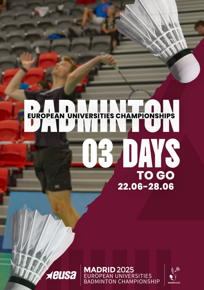 Let's get ready and meet in Madrid between 22-28 June! #EUCBadminton2025 is coming ‼️

#MadridSports #UniversityBadminton #EuropeanChampionship2025 #EUCbadminton2025