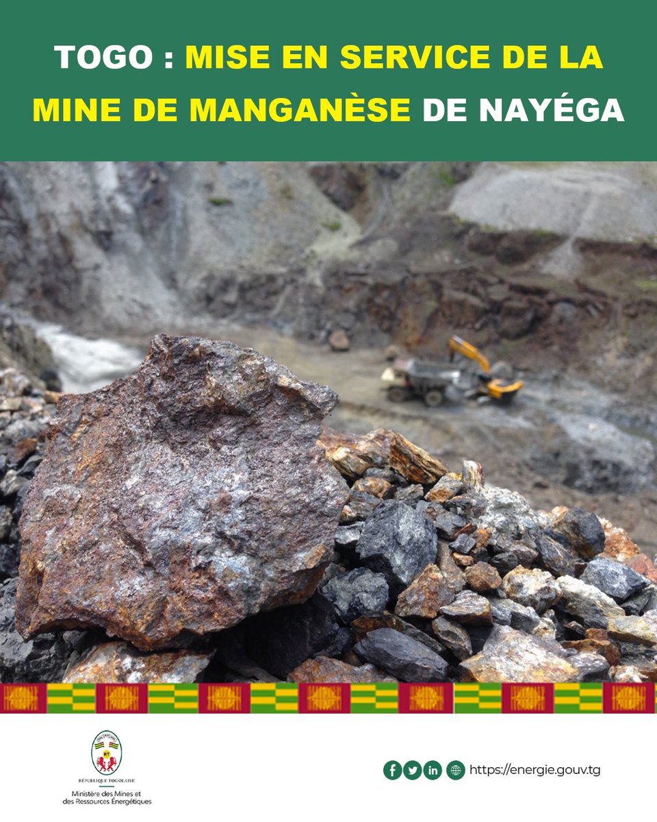 TOGO : MISE EN SERVICE DE LA MINE DE MANGANÈSE DE NAYÉGA

L’exploitation de la mine de #manganèse de Nayega, située dans la région des Savanes, au nord du #Togo, entre dans sa phase opérationnelle avec un démarrage effectif de la production à partir fin juin 2025, par la Société