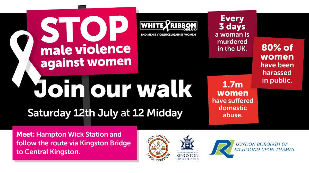 Kingston Council (@rbkingston) on Twitter photo Join us for the #WhiteRibbon Walk with <a href="/LBRUT/">Richmond Council</a> to show solidarity with women and to encourage residents to make a stand and call out abusive behaviour. #SaferKingston
Sat 12 July, 12pm, starting at Hampton Wick Station, following a route via Kingston Bridge into central Kingston. Join us for the #WhiteRibbon Walk with <a href="/LBRUT/">Richmond Council</a> to show solidarity with women and to encourage residents to make a stand and call out abusive behaviour. #SaferKingston
Sat 12 July, 12pm, starting at Hampton Wick Station, following a route via Kingston Bridge into central Kingston.