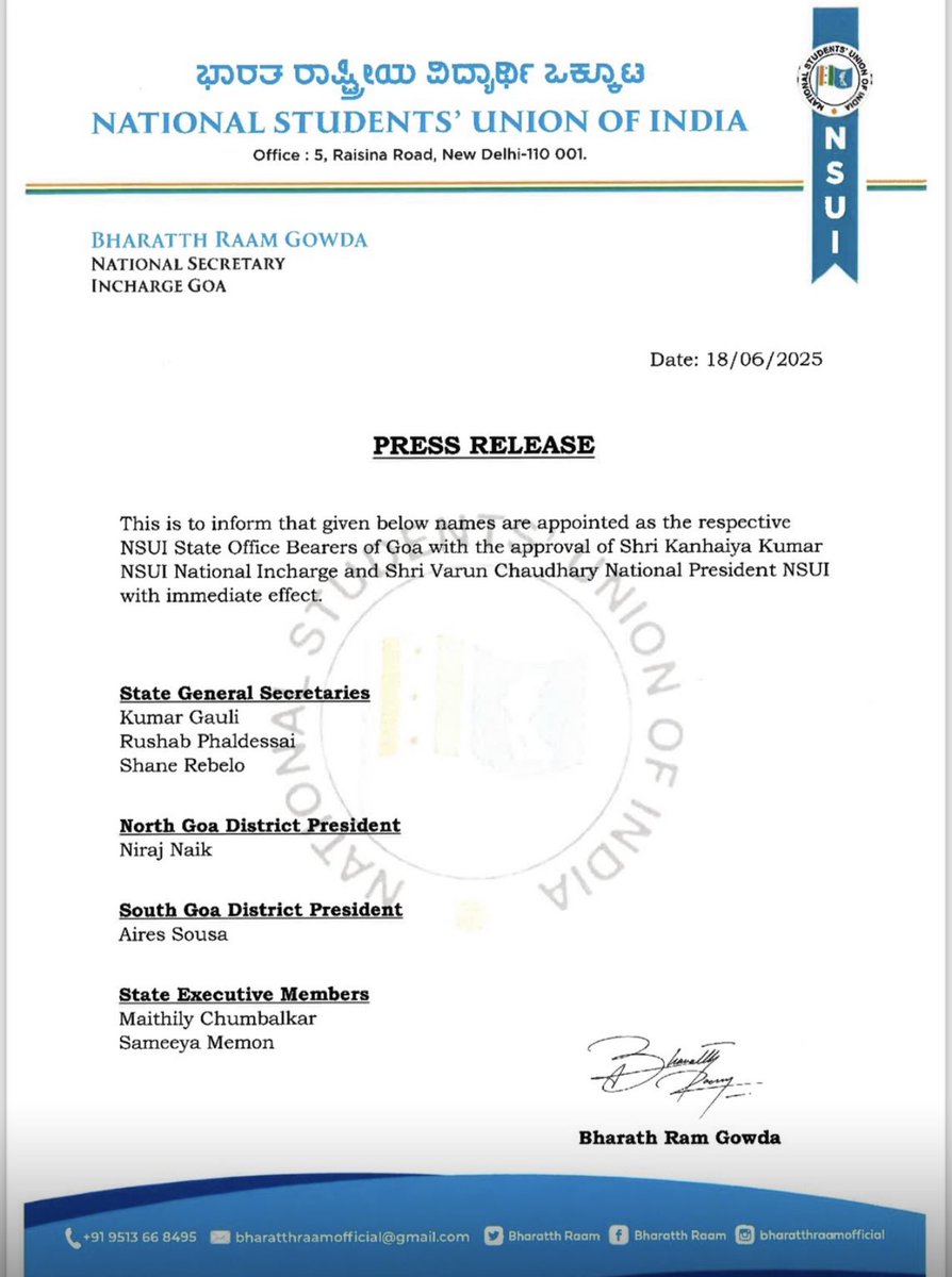 KhalapShrinivas's tweet photo. Congratulations to all the new office bearers of #Goa #NSUI the future leadership of the #indiannationalcongress  of Goa. All the best! https://t.co/x8YKzN82sV