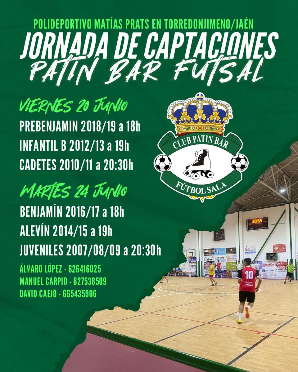 ⚽ ¡El Club Patín Bar Fútbol Sala busca nuevos talentos!

¿Tienes entre 6 y 18 años y te apasiona el fútbol sala? 🔥 Esta es tu oportunidad.

📍 Jornadas de Captación, Polideportivo Matías Prats

#Torredonjimeno #Deportes