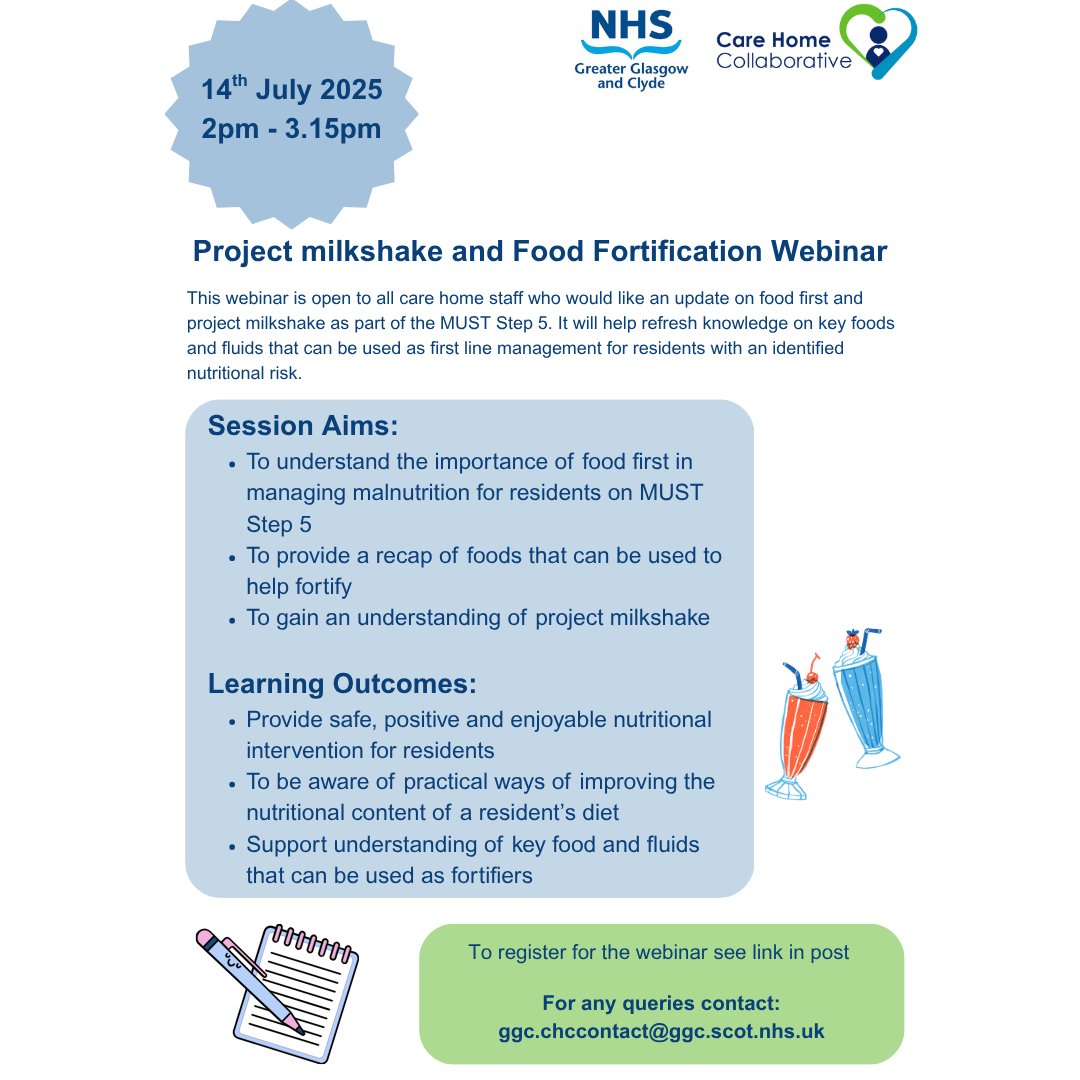 Exciting opportunity to join our new webinar topic on Food fortification and project milkshake. This is the second of our updates for care homes and is open for any staff working in care homes. Book a place on the following link
events.teams.microsoft.com/event/61ba423f…