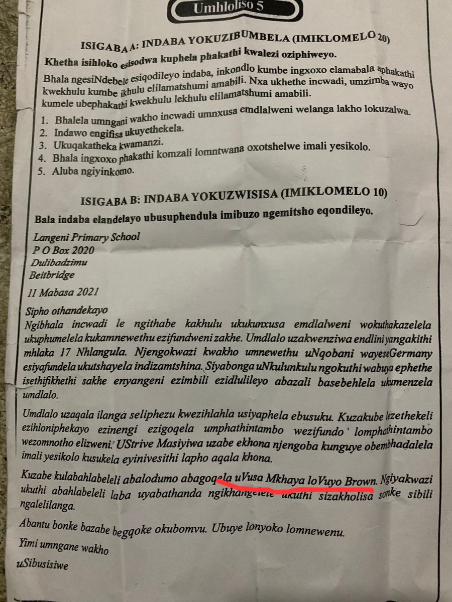 IsiNdebele exam for grade 6 in Zimbabwe. 

This might be small kwabanye kodwa it means the world to me. 

I am honored and grateful ukuthi pur small contribution to our culture and heritage is being recognized by others. 

P/s the teacher ongithunele this, says his school kids