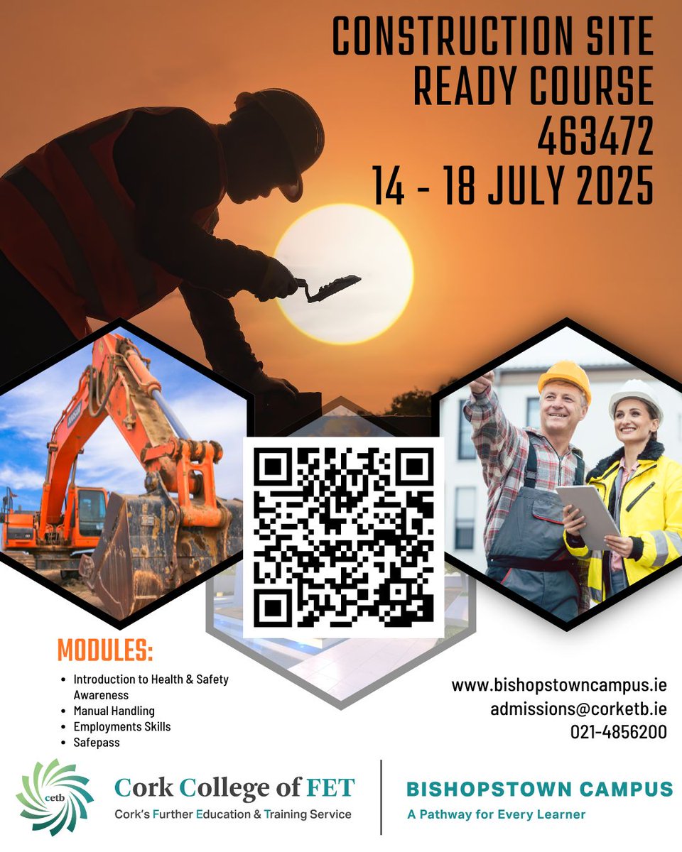 FETBishopstown's tweet photo. Our Construction Site Ready Course starts on 14 July next.  This FREE 5 day Course includes Safepass.  Application are now open.  Contact admissions@corketb.ie with any queries.  #ThisIsFET #FETIsForEveryone #corketb #nofees #safepass https://t.co/XR8SrvsoMY