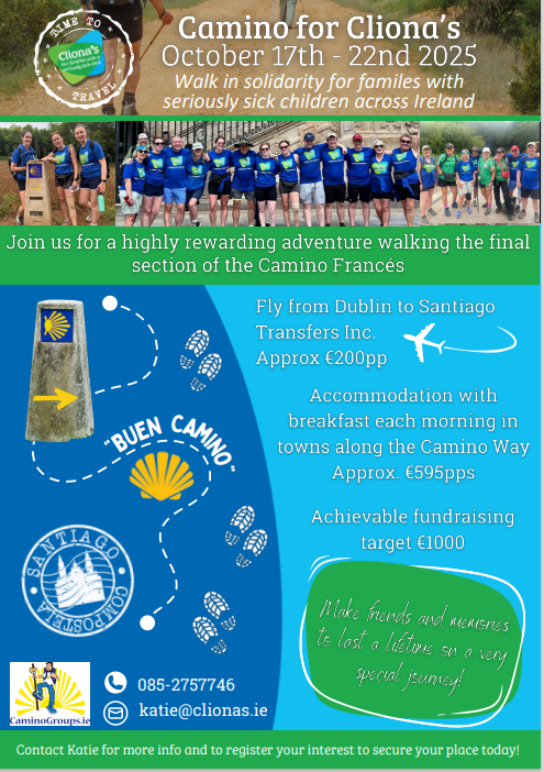 Cliona’s (@clionasfdn) on Twitter photo We still have 2 places left on our Adult Camino Trip - walking the Camino Francés from Portomarin to Santiago over 5 days from 17th to the 22nd October
Click on the link below to find out more & sign up or email katie@clionas.ie
loom.ly/Z-Kwfx4 We still have 2 places left on our Adult Camino Trip - walking the Camino Francés from Portomarin to Santiago over 5 days from 17th to the 22nd October
Click on the link below to find out more & sign up or email katie@clionas.ie
loom.ly/Z-Kwfx4