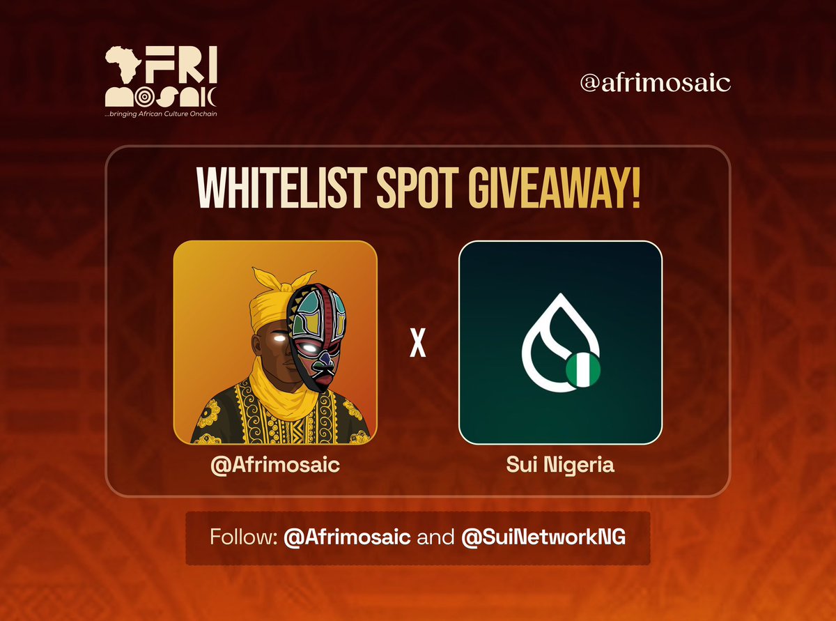 Sui Nigeria Community (@suinetworkng) on Twitter photo ๐ณ๐ฌ GIVEAWAY ALERT ๐ณ๐ฌ
Weโre thrilled to announce that weโve secured 50 Whitelist Spots for the <a href="/AfriMosaic/">AfriMosaic</a> Mint
HOW TO ENTER:
โ
Follow <a href="/SuiNetworkNG/">Sui Nigeria Community</a> & <a href="/AfriMosaic/">AfriMosaic</a>
โ
Like & Retweet this post
โ
Comment your Sui Wallet Address
โ๏ธ 24Hours !!! ๐ณ๐ฌ GIVEAWAY ALERT ๐ณ๐ฌ
Weโre thrilled to announce that weโve secured 50 Whitelist Spots for the <a href="/AfriMosaic/">AfriMosaic</a> Mint
HOW TO ENTER:
โ
Follow <a href="/SuiNetworkNG/">Sui Nigeria Community</a> & <a href="/AfriMosaic/">AfriMosaic</a>
โ
Like & Retweet this post
โ
Comment your Sui Wallet Address
โ๏ธ 24Hours !!!