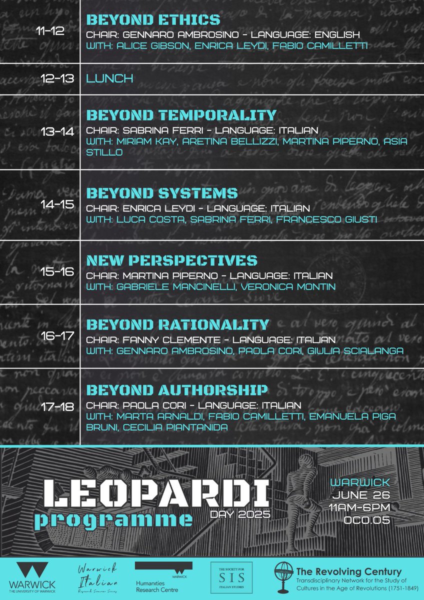 Soc4ItalStudies's tweet image. Join us for Leopardi Day 2025 at @uniofwarwick on the 26th June!🎉 Now in its 17th year, this international event explores Leopardi in dialogue with ethics, temporality, theory, authorship, and the complexities of our contemporary world!✨ #LeopardiDay2025
italianstudies.org.uk/2025/06/17/con…
