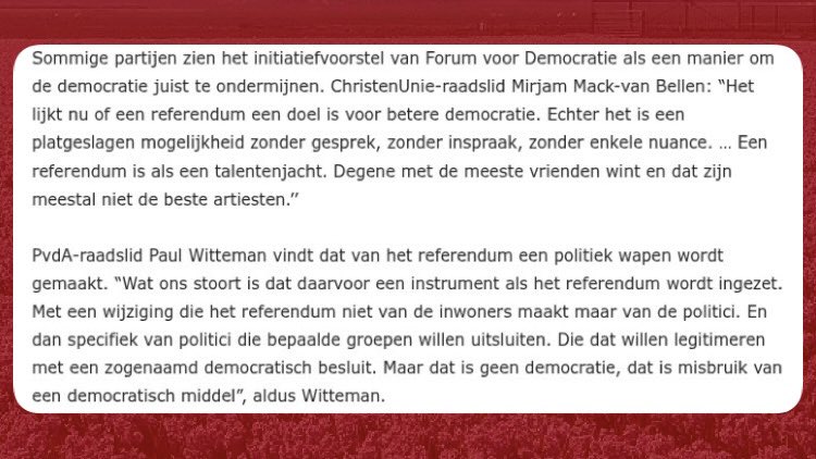 Een referendum. De bevolking spreekt zich rechtstreeks vóór of tégen een AZC uit. Democratischer wordt het niet.

Andere partijen spraken gisteren echter van het ondermijnen van de democratie en groepen willen uitsluiten. Wat een niveau.

#FVD