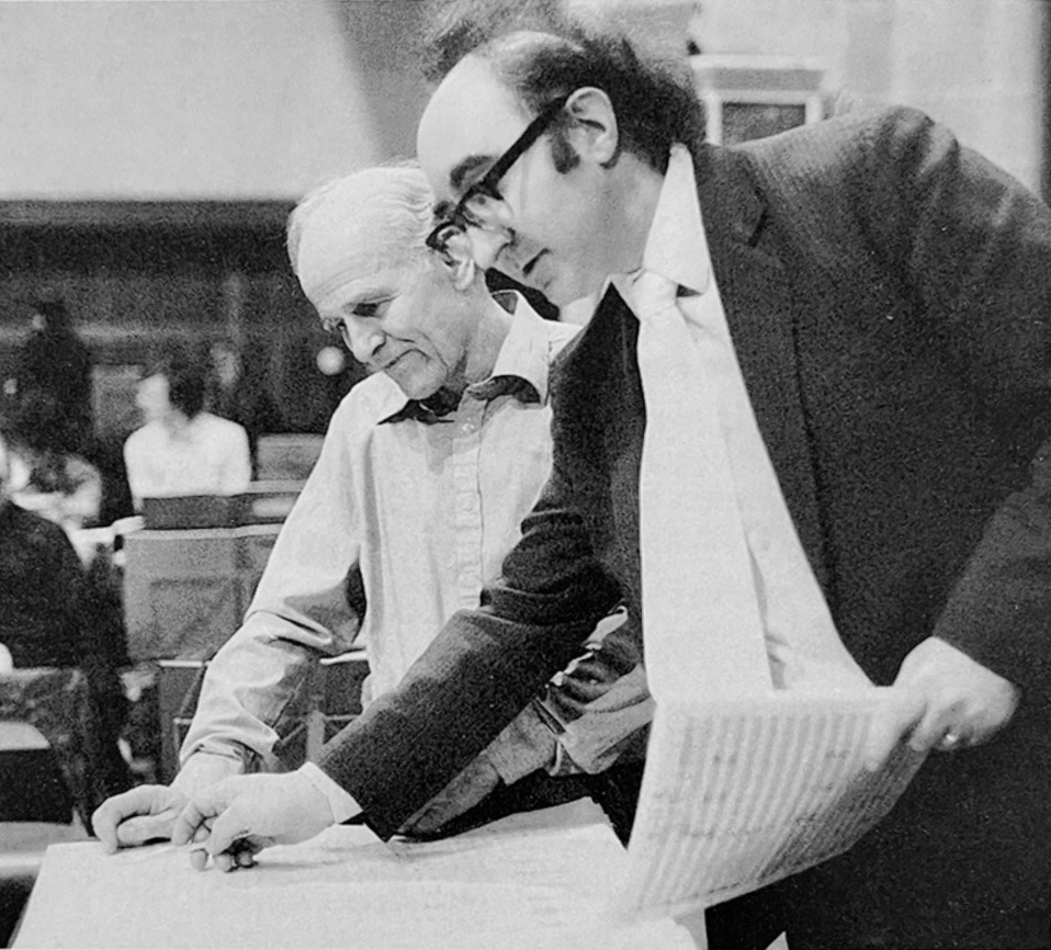 William Mathias with David Willcocks during the recording of 'Lux Aeterna' in 1984. <a href="/ChandosRecords/">Chandos Records</a> <a href="/OUPMusic/">Oxford Music</a> <a href="/TheBachChoir/">The Bach Choir</a>